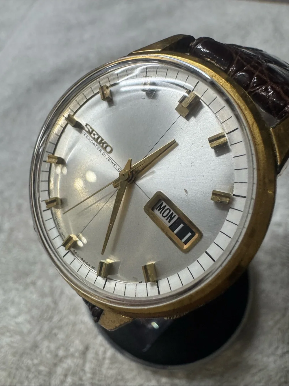 Seiko Gold Tone Weekdater Wristwatch - Silver Dial, Brown Strap